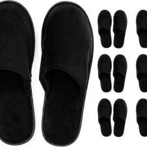 Spa Slippers – 6 Pairs of Cotton Velvet Closed Toe Slippers (Medium Size) with Travel Bags – Thick, Soft, Non-Slip, Disposable Slippers – Home, Hotel, or Commercial Use (6 Pack Medium, Black)