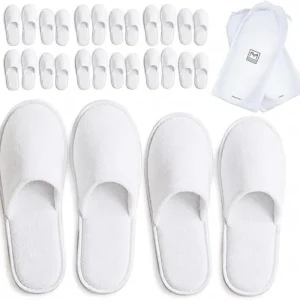 Modlux Spa Slippers, 12 Pairs Cotton Velvet Closed Toe Disposable Slippers for Guests with Travel Bags, Bathroom, Bedroom, Hotel, House, Bride, Travel and Shoeless Home (6 Large 6 Medium) White