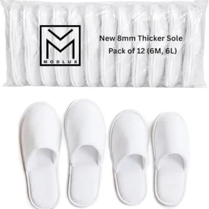 Modlux Spa Slippers 12 Pairs Cotton Velvet, 8mm Thick Sole Unisex Bulk PackDisposable Slippers Closed Toe (6 Large 6 Medium) Washable, Reusable, Bridal, Indoor, House, Bathroom, Bedroom, Hotel, For Guest (White)