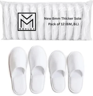 Modlux Spa Slippers 12 Pairs Cotton Velvet, 8mm Thick Sole Unisex Bulk PackDisposable Slippers Closed Toe (6 Large 6 Medium) Washable, Reusable, Bridal, Indoor, House, Bathroom, Bedroom, Hotel, For Guest (White)