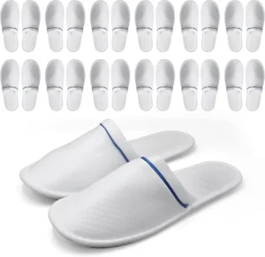 Modlux Spa Slippers 12 Pairs Plaid Cotton, Unisex Disposable Slippers Closed Toe Washable, Reusable, Bridal, Indoor, House, Bathroom, Bedroom, Hotel, For Guest (White with Blue Ribbon)