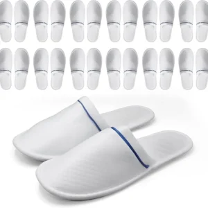 Modlux Spa Slippers 12 Pairs Plaid Cotton, Unisex Disposable Slippers Closed Toe Washable, Reusable, Bridal, Indoor, House, Bathroom, Bedroom, Hotel, For Guest (White with Blue Ribbon)